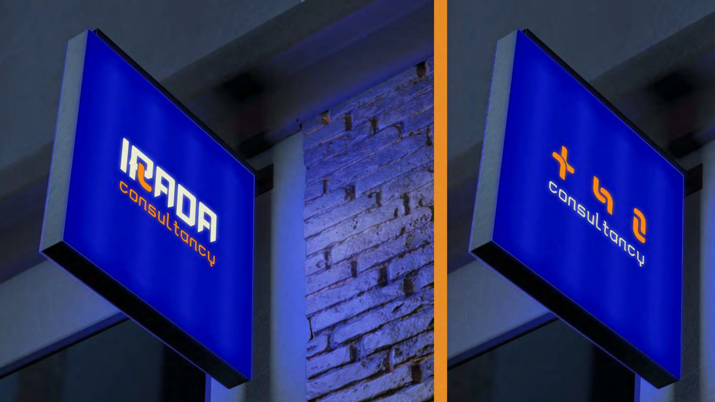 Illuminated IRADA Consultancy sign in cobalt blue with orange lettering